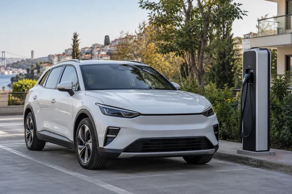 Açık alandaki şarj ünitesinin yanında park etmiş beyaz elektrikli otomobil