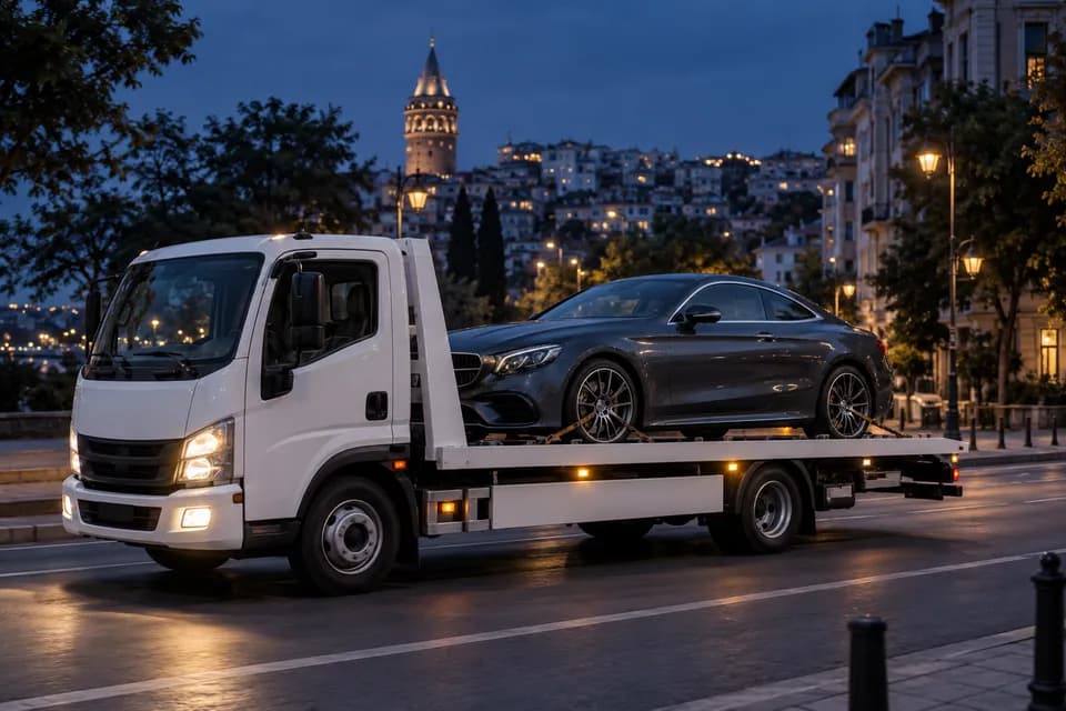 İstanbul’da akşam ışıkları altında çekici platformunda taşınan otomobil