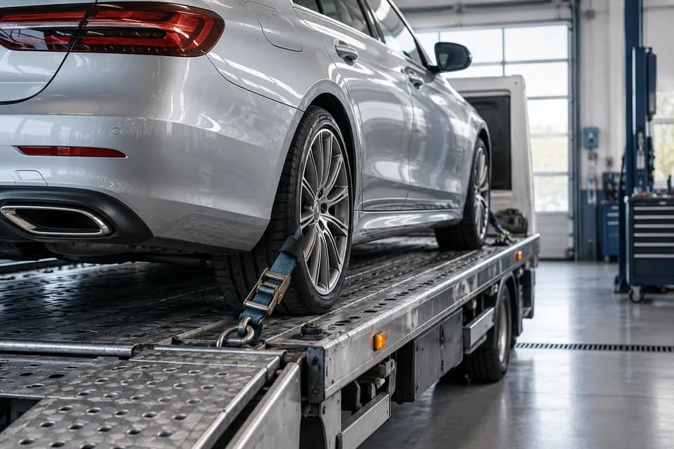 Çekici platformundaki otomobil tekerleğini tutan sabitleme kayışının yakından görünümü