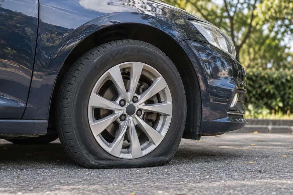 Güvenli bir park alanında duran lacivert otomobilin havası inmiş ön lastiği ve jantı